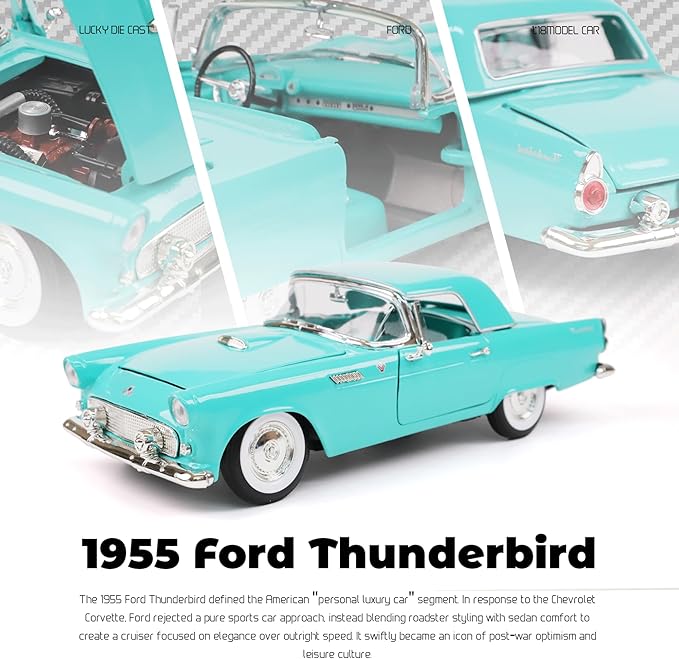 1955 Ford Thunderbird 1/18 Scale Die-Cast Metal Model Premium Classic Vintage Alloy Collection Cars with Display Case, for Kids Men and Teens Dad 14+ Year