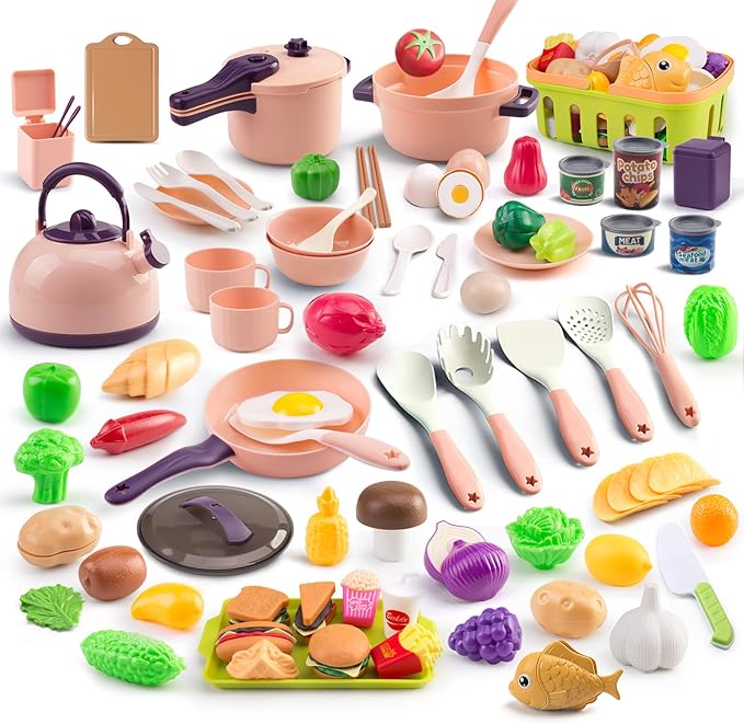 120Pcs Mini Play Kitchen Accessories, Kids Pretend Cooking Playset with Desserts, Cuttable Veggies & BBQ & Storage Basket, Educational Role-Play Gift for Toddlers, Child, Pink