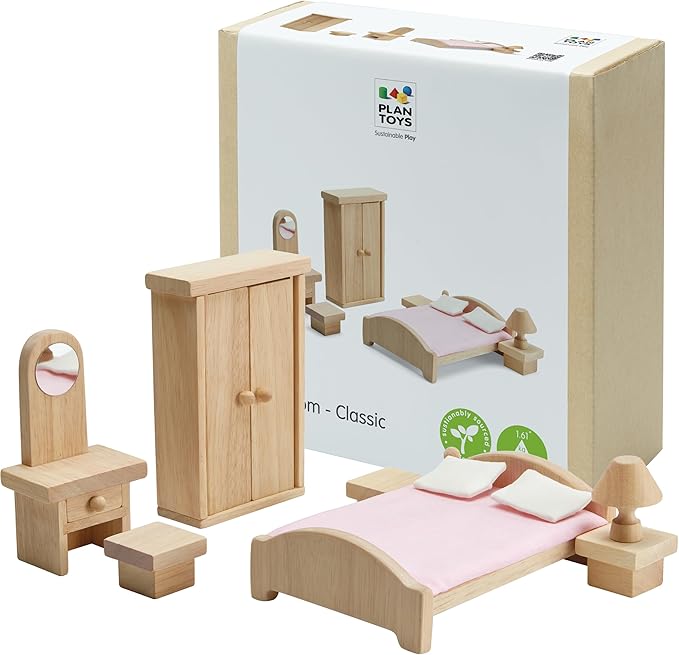 PlanToys® Classic Dollhouse Bedroom Furniture Set | Eco-Friendly Wooden Dollhouse Accessories for Kids | Includes Bed, Closet, Vanity, Chairs & Lamp | Pretend Play Montessori Toy