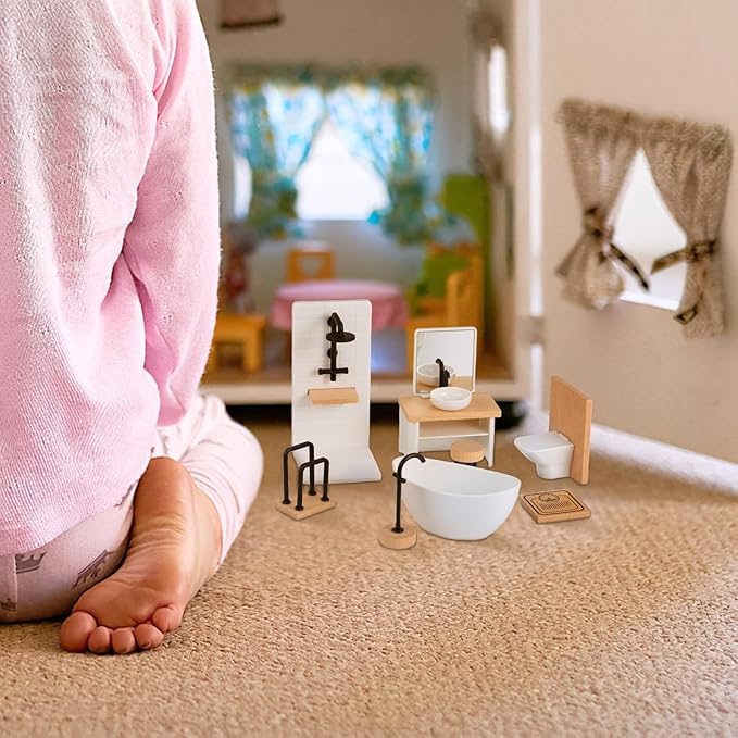 Veemoon 1:12 Scale Miniature Dollhouse Bathroom Set, 8pcs Dollhouse Shower Room Furniture Accessories Mini Bathroom Decoration Props Basin Toilet Bathtub Stool Shower