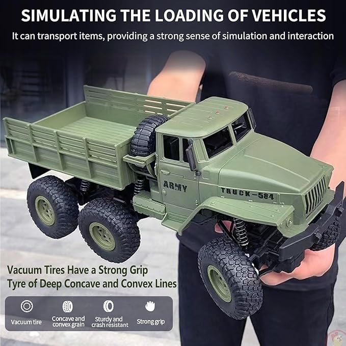 RC Military Truck 6x6 Road Remote Control Car 1/16 Scale Remote Control Truck 4WD All Terrain Rock Army Transport Vehicle Toy Vehicle for Kids Children Boy Gift