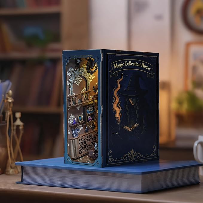 DIY Book Nook Kit Magic - Wizard and Cat Book Nook Kits for Adults, 3D Wooden Puzzle Miniature Fantasy Witch Potion Room Theme Bookshelf Decor, Creative DIY Craft for Teens