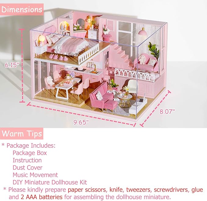 TuKIIE DIY Miniature Dollhouse Kit with Furniture, 1:24 Scale Creative Room Mini Wooden Christmas Doll House Accessories Plus Dust Proof & Music Movement for Kids Teens Adults(Warm Moments)