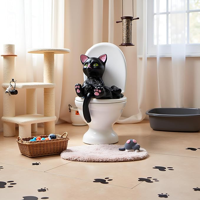 Czhotg Black Cat Toilet Figurine - Garden Ornament, Desktop Decor and Landscaping Accessories (2.5" Mini Statue)