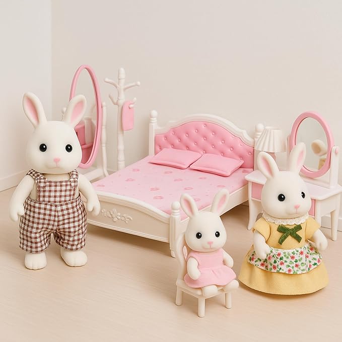 Family Dollhouse Bedroom Set — Bed, Pillows & Bedspread, Vanity with Mirror, Nightstand, Floor Mirror, Chair, Lamp, Coat Rack & Hangers — Dollhouse Furniture & Accessories for Ages 3+