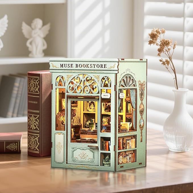 Cutefun Book Nook Kit - DIY Miniature Dollhouse Kit 3D Creative Decorative Bookend 3D Wooden Puzzle for Adults, Bookshelf Insert Library Decor with LED Light (Muse Bookstore)