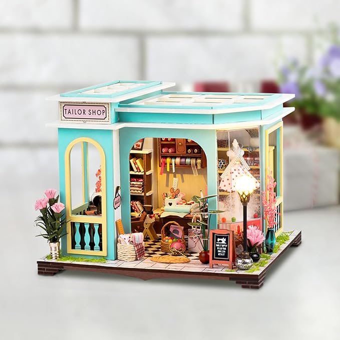 DIY Miniature House Kit, Dollhouse Kit with LED Light, Mini House Building Kits for for Adult to Building, Christmas Home Decorations Gifts for Family and Friends, Tailor's Store