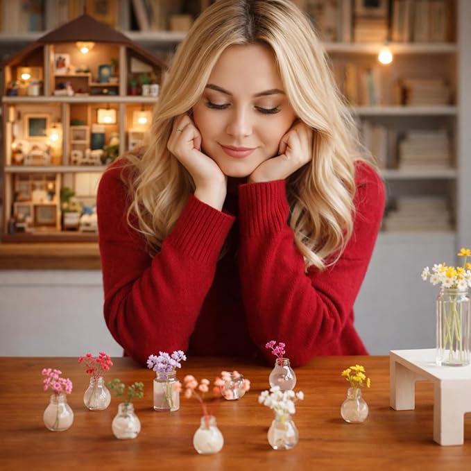 Civaner 35 Pcs Miniature Dollhouse Accessories Included 10 Small Vase Model 25 Fake Flower vases, Miniature Stuff for Tiny Houses Decoration DIY Micro Landscape Items