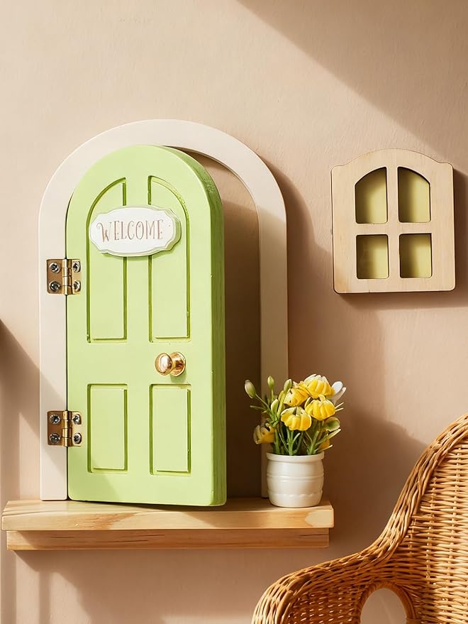 Mamimami Home Green Balcony Little Magical Fairy Door with Base, 13cm 5.12 inch Elf Miniature Tiny Door with Flowerpot and Window, Tooth Fairy Door Handmade Christmas Decorations