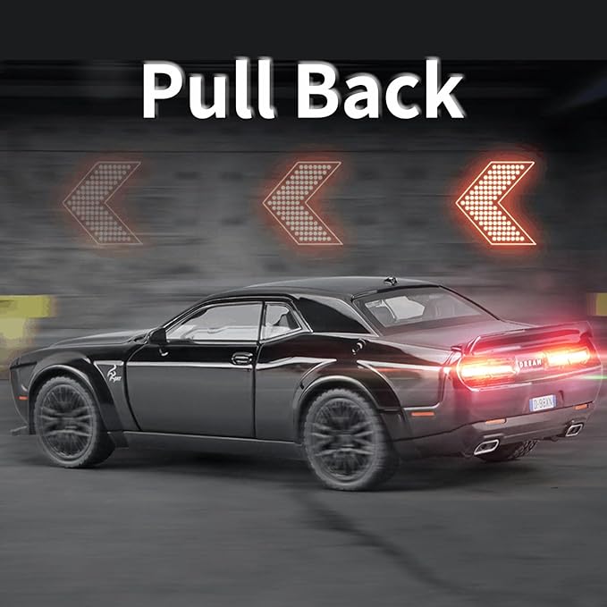 Toy Cars 1/32 Dodge Challenger Die Cast Metal Toy Cars Hellcat Toy Car with Sound and Light Pull Back Hellcat Car for 3+ Year Old Boys and Kids