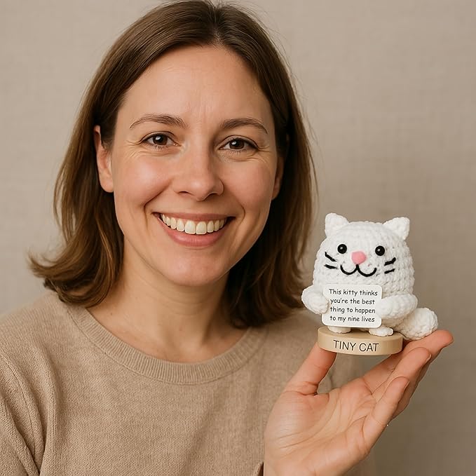 Cat Mom Gifts for Women - 30 Uplifting Affirmations from The Tiny Cat | Cats Lady Presents for Women, Funny Christmas or Birthday Gifts for Fur Mama Present Ideas | Handmade Positive Animal Crochet