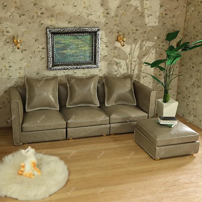 iLAND Dollhouse Furniture Miniature Sectional Couch Set for Doll House Décor Fit 1/12 Scale Accessories, Modern Gray Faux Leather Sofa Timeless & Classic