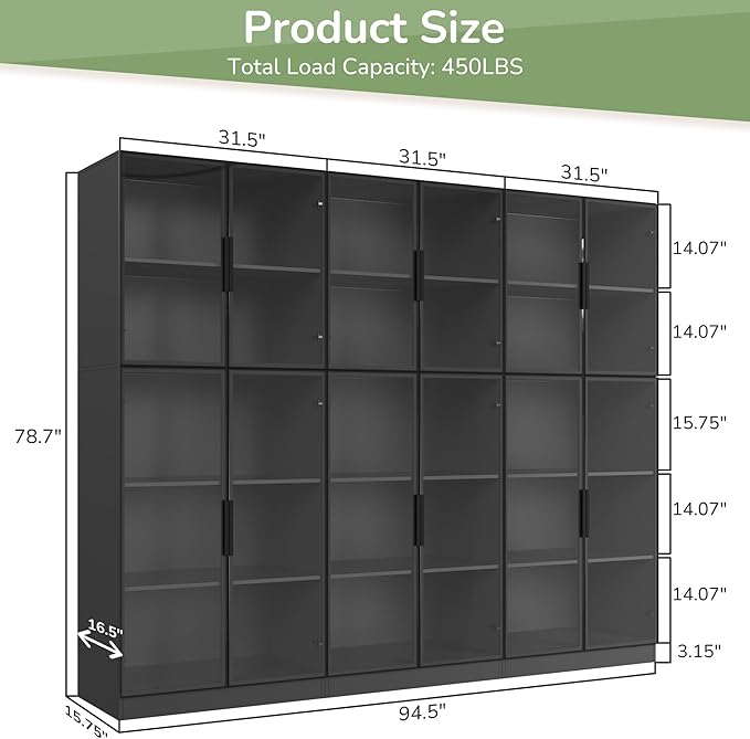 3 Piece Display Cabinet with Glass Doors & Adjustable Lights, 78.7” Tall Display Case with 5 Tier Storage Shelves, Modern Collectibles Cabinet for Living Room, Office, Black