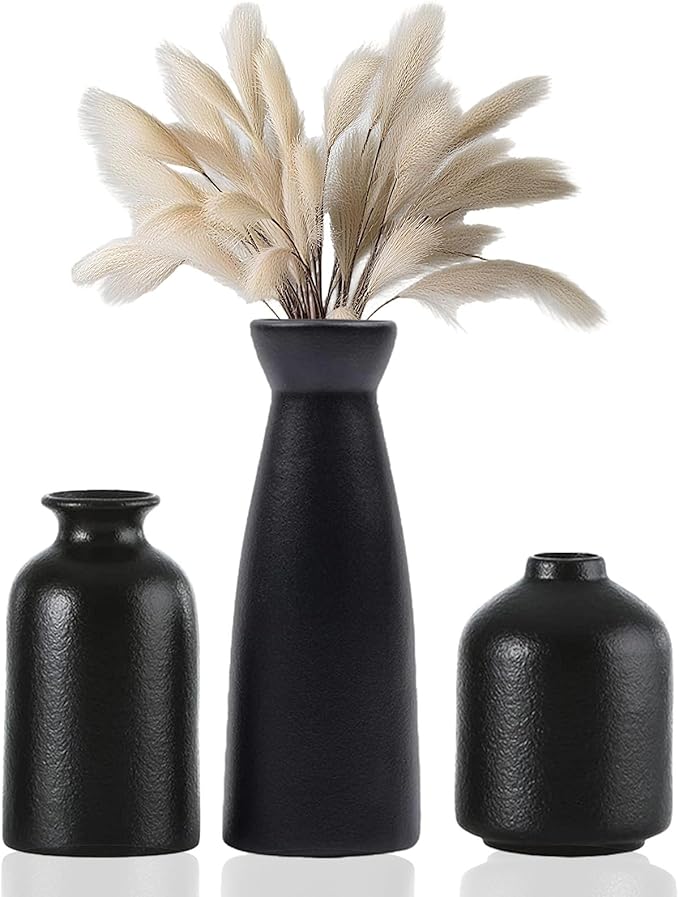 Black vase Set of Three, Bohemian Style vases,Small Flower vases for Home Decoration,entryway Table Decor，Living Room, Bedroom, Dining Table Decorations, Fireplace, and Entrance Decorations. (Black)