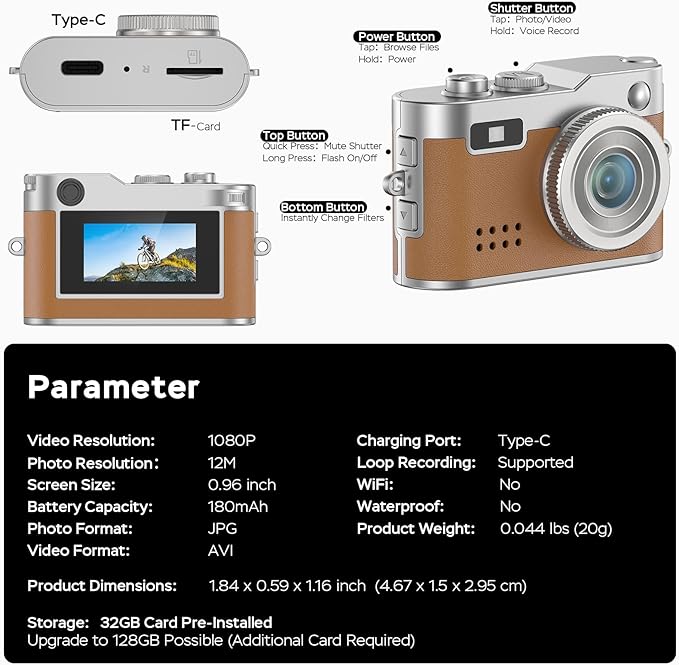 Mini Retro Camera with 1080P Video, 12MP Photos, Keychain Digital Camera, Ultra-Compact Tiny Camera with 32GB SD Card, OTG Adapter, Vintage Little Cameras for Travel, Daily Vlogging, Brown