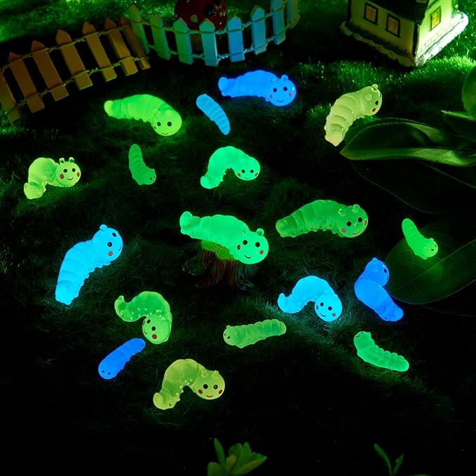 Beadthoven Luminous Mini Worm Glow in The Dark Worm Figurine Cute Miniature Animals Ornaments for Dollhouse Fairy Garden Decoration Accessories DIY Craft Micro Landscape