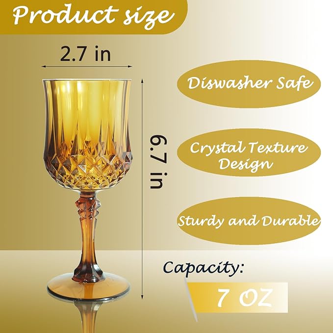LEYIQU Plastic Wine Glasses, Plastic Goblets Vintage Style Cordial Drinking Glasses for Valentine’s Day, Wedding Reception, Grand Event Party Supplies (48, Amber)