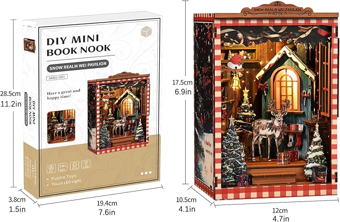 Christmas Book Nook Kits for adults-3D Wooden Puzzles DIY Miniature House Kit Bookshelf Decor with LED Lights Creative Bookend Craft Doll House for Teens & Adults-Ideal Gift for Family & Friends