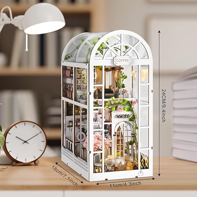 DIY Book Nook Kit, Miniature Bookshelf Decor with LED Lights, Laser-Cut Wooden Craft Set for Adults, Creative Gift for Christmas, Birthday, Coffee Garden
