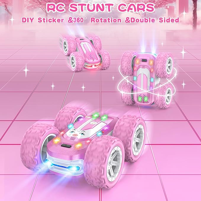 Pink Remote Control Car for Girls, RC Cars for Kids with DIY Sticker & Colored Lights, 2.4Ghz Double Sided 360° Flips 4WD Stunt Car, Rechargeable Toy Cars for Girl Ages 4-6 5-7 6-8 8-12 Birthday Gift