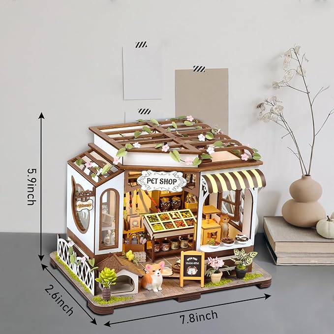GuDoQi DIY Miniature House Kits, DIY Miniature Dollhouse Kit with Furniture, Tiny House Kits 1:24 Scale, Creative DIY Crafts for Adults, Christmas Day Birthday Gifts, Pet Shop