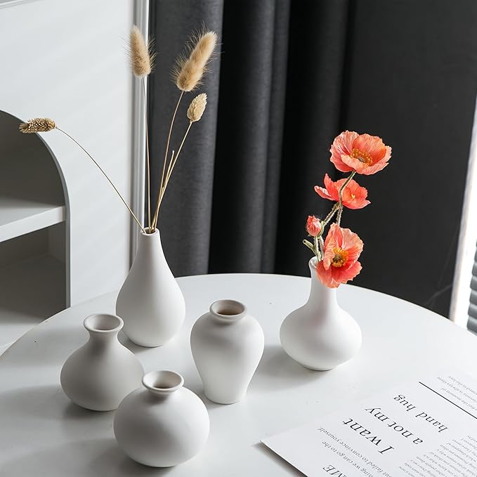 Small White Vases, Ceramic Bud Vase Set of 5, Mini Pottery Vases for Pampas Grass, Flowers, Decorative Vases for Home Modern Decor, Rustic Decor, Veses for Living Room Dining Table Shelves