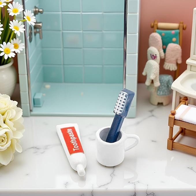 1/12 Miniature Toothpaste,Toothbrush,Cup 3-Piece Set Model Dollhouse Bathroom Accessories Toilet toiletries Model