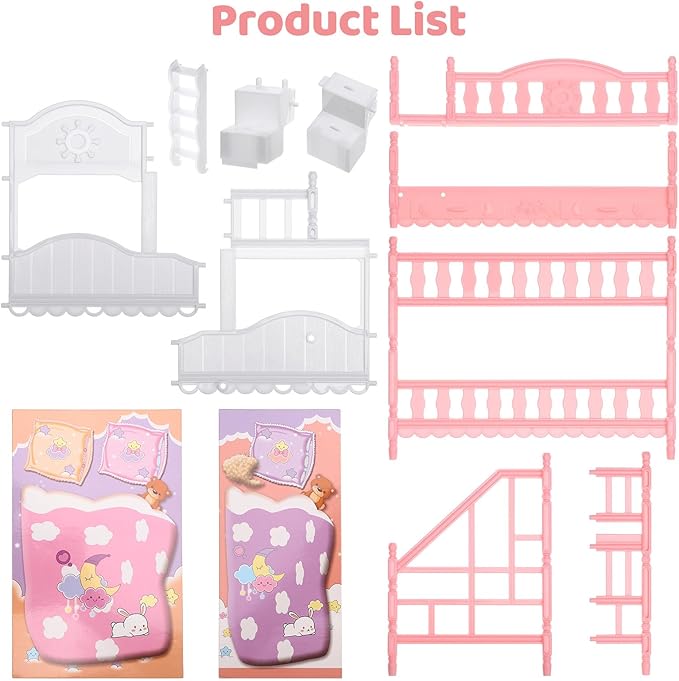 Totority 1/12 Scale Dollhouse Bunk Bed Dollhouse Furniture with Bedding and Pillow, Space-Saving Lightweight Design for Kids' Pretend Play and Doll House Decoration