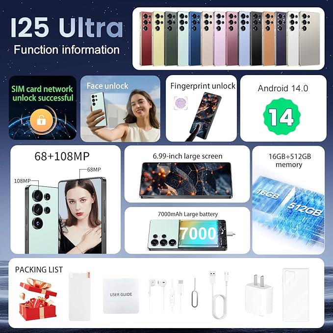 BDWJW I25 Ultra Smartphone 16GB+512GB Android 14 Smartphone, 6.99" FHD+ Display, 7000mAh Battery, 108MP+68MP Dual Camera, Built-in Pen Stylus, Fast Performance Large Memory (Cyan)