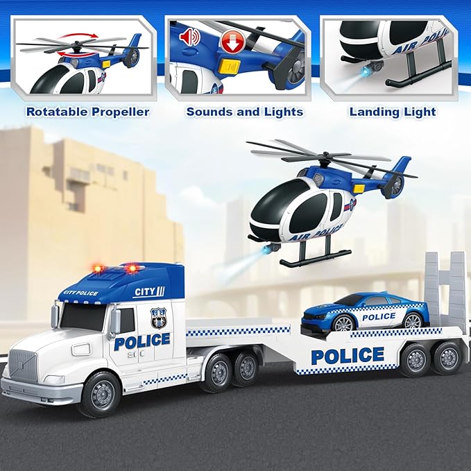 Kids Toys for 3 4 5 6 7 8 Years Old Boys, 27" Police Truck Toy with Racing Car and Helicopter, Toddler Friction Powered Truck Vehicle Toy with Lights, Sounds for Boys Girls Christmas Birthday Gifts