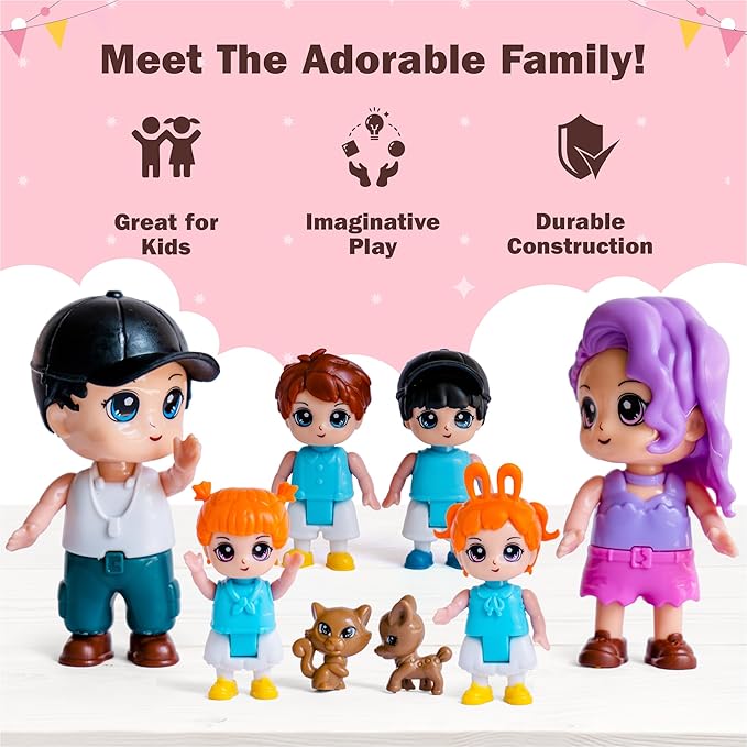 FUNERICA Dollhouse Family Figures & Pets – Bendable Play Dolls for Imaginative Fun & Doll House Play – Little People Family Set with Miniature Accessories – Made of Quality Plastic