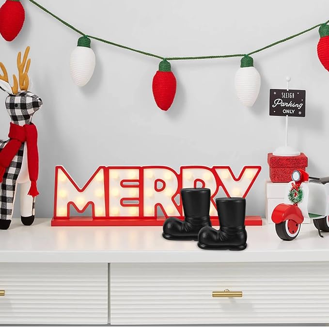 LOGOFUN 10pcs Christmas Santa Boots Black Mini Xmas Themed Shoes Miniature Black Boot Models for DIY Crafts Holiday Party Supplies