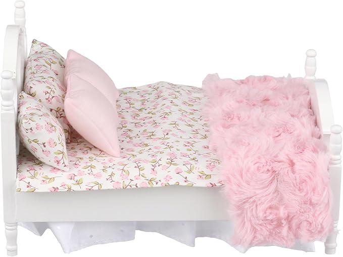 Dollhouse Furniture mini Bed Set, Realistic Bedroom Accessories for 6 inch Dolls, Pillow, Wooden Frame, 1/12 Scale (White Bed, Pink Bedding)