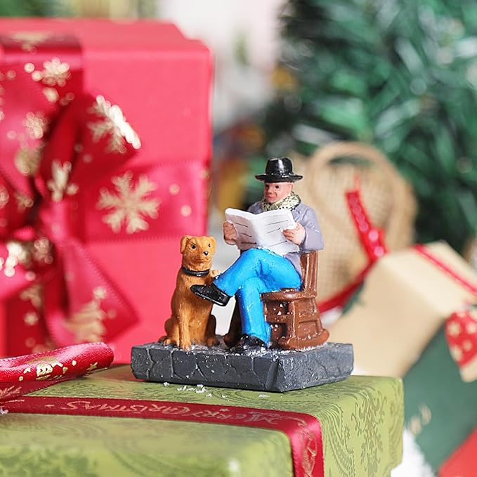Christmas Village Accessories Ornaments Resin Christmas Village Sets Decoration for Xmas Festival Holiday (Reading with a Dog)