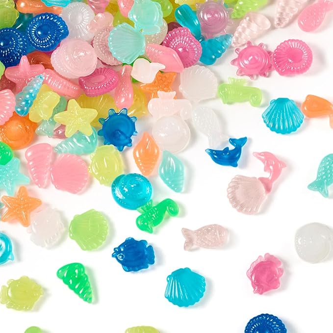 Beadthoven 300Pcs Glow in The Dark Sea Shells Starfish Luminous Pebbles Plastic Seashells Conch Sea Animal Glow Stones for Table Scatters Beach Mermaid Party Decoration Vase Fillers DIY Crafts