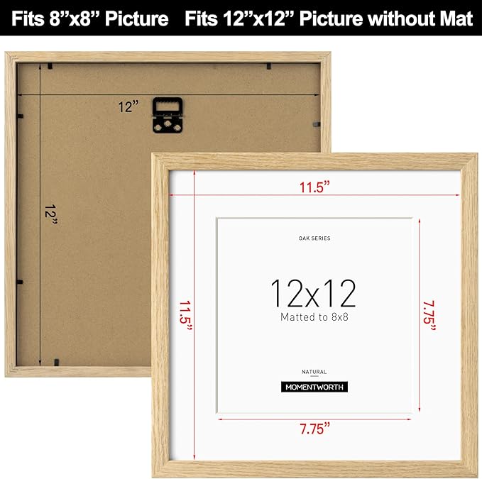 Momentworth 12x12 Frame with Mat for 8x8 set of 3, Solid Oak Wood 12x12 Picture Frame with Tempered Glass for Horizontal & Vertical Wall Mounting(3 Pack,Oak)