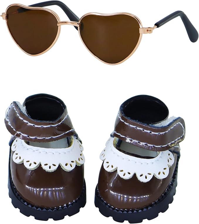 Suitable for 17cm Doll Clothing Accessory Set, Buckle Leather Shoes and Two-Piece Glasses Set (Brown2)