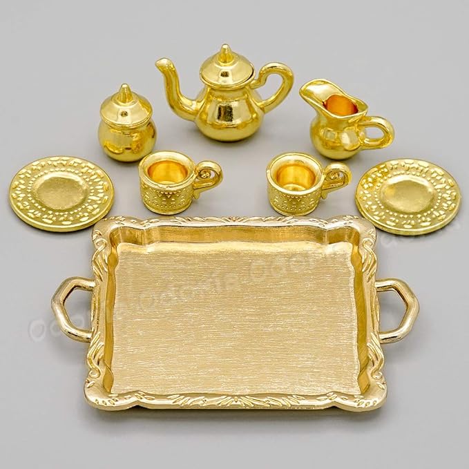 Odoria 1/12 Miniature Tea Set 8Pcs Dollhouse Decoration Accessories, Gold