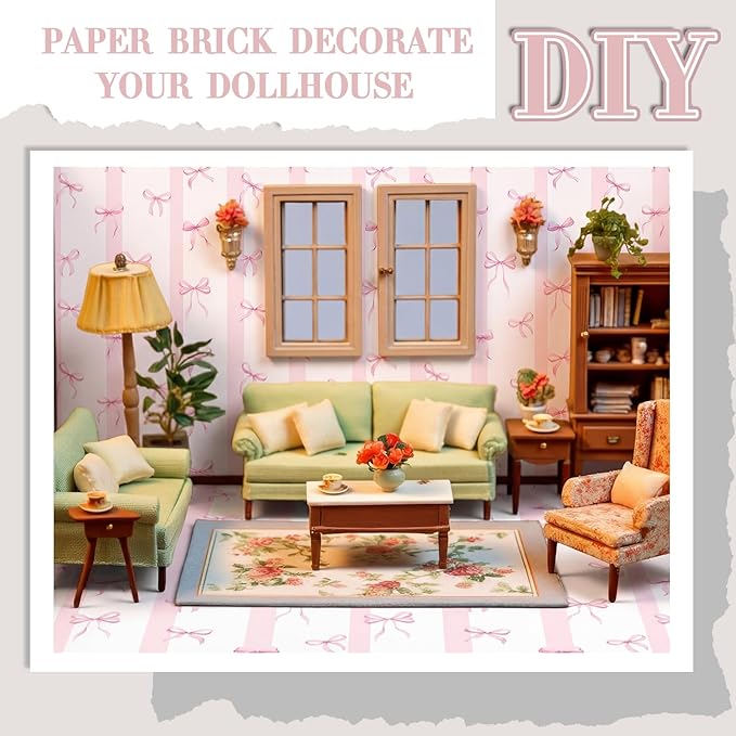 Flutesan 12 Pcs Miniature Dollhouse Wallpaper and Flooring Peel and Stick Mini DIY Self Adhesive Dollhouse Accessories 8.27 x 11.69 Inch (Pink Bow)