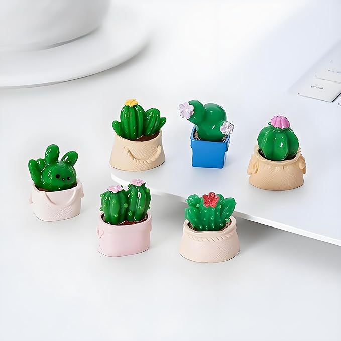 6 Pcs Mini Resin Cactus Figurines – Cute 3D Miniature Cacti in Personalized Flower Pots for Dollhouse, Fairy Garden, Bonsai Display, Car, Home, Office, Desktop Decoration, Collectible Ornaments