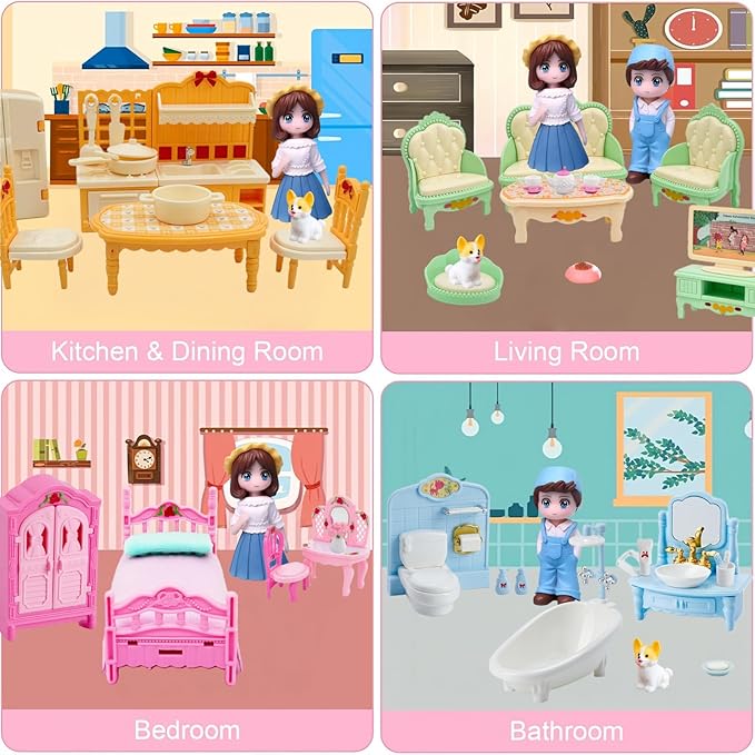 Princess Dollhouse Furniture Set, 48 Piece Luxury Miniature Accessories Collection with Living Room, Bathroom, Bedroom，Kitchen, TV Entertainment Set (Multi-Color)