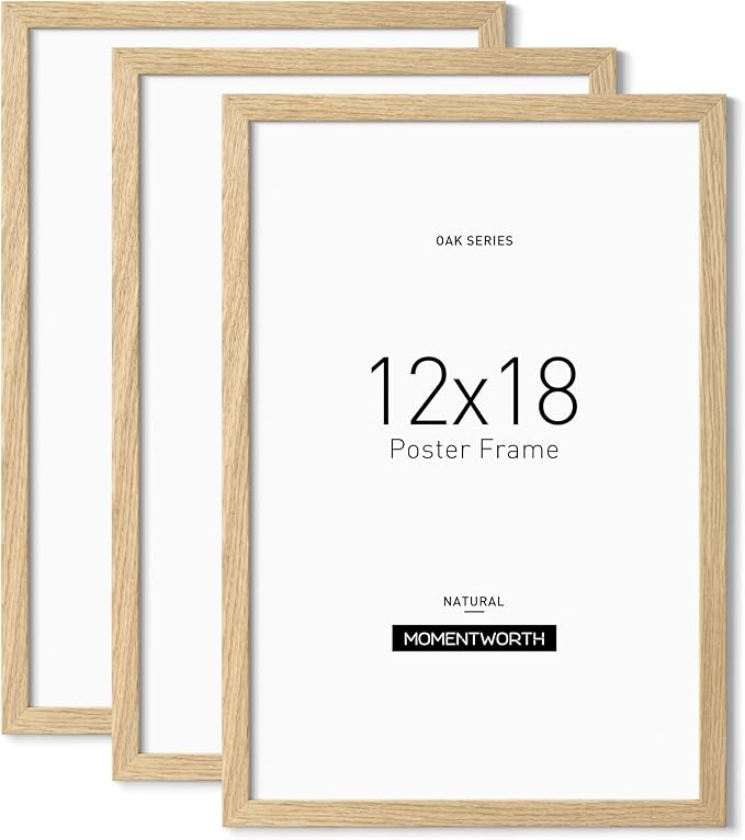 Momentworth 12x18 Frame Set of 3, Solid Oak Wood 12x18 Poster Frame for Wall Mount - Wall Decor for Home, Office & Galley (3 Pack,Oak)