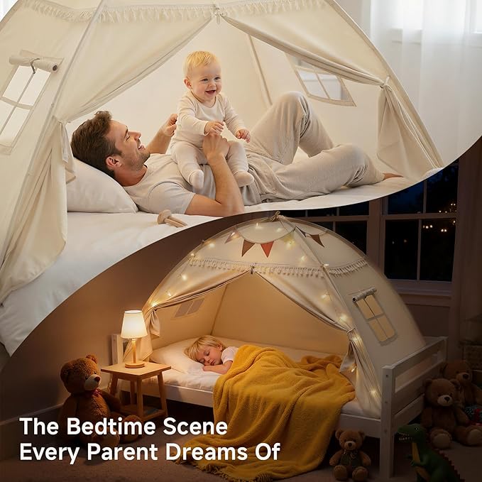 Toddler Canopy Lights & Flags Indoor Floor Bed Kids Tent Playhouse Portable & Foldable Twin Bunk Bed Curtains Girls & Boys House Bedroom Privacy Space Sleeping Tents Gifts Golden Beige Large Size