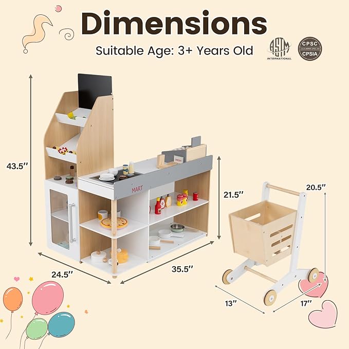 Costzon Grocery Store Pretend Play, Wooden Play Store, Toddler Supermarket Playset with Cash Register, Vending Machine, Chalkboard, Kids Grocery Store Playset, Gift for Boys & Girls