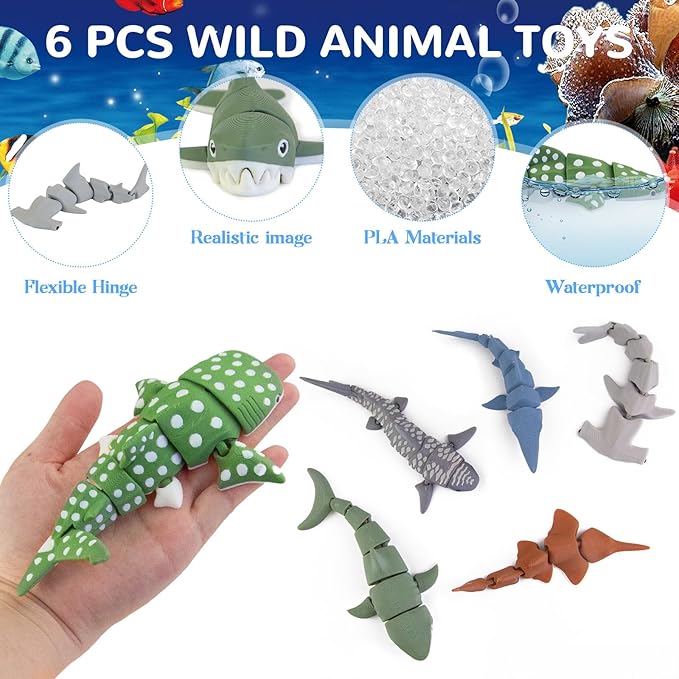 6PCS 3D Printed Shark Figurines Toys for Kids Toddlers, Realistic Ocean Sea Animals Bath Toys Fidget Toys Cake Toppers Shark Party Decorations Christmas Birthday Gift for Boys Girls