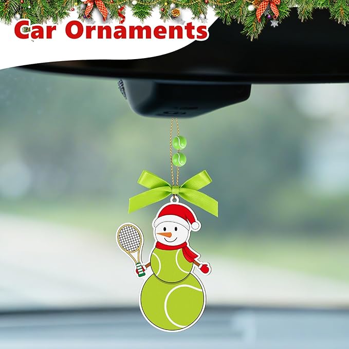 4.3 Inches Snowman Tennis Christmas Ornament, Wooden Tennis Snowman Tree Ornament Hanging Decoration for Rearview Mirror, Window, Eaves, Fireplace and Home Holiday Party Decor