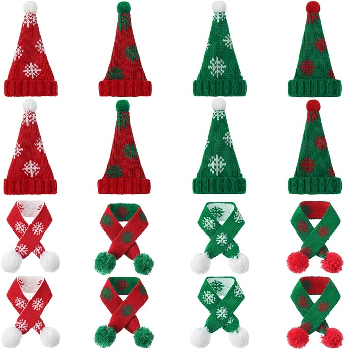 Geyoga 16 Pcs Mini Knit Doll Hat Valentines Day Small Santa Hat for Craft Winter Mini Snowman Hats and Scarf Tree Ornaments Snow Stripe Heart Wine Bottle DIY Decor Gifts