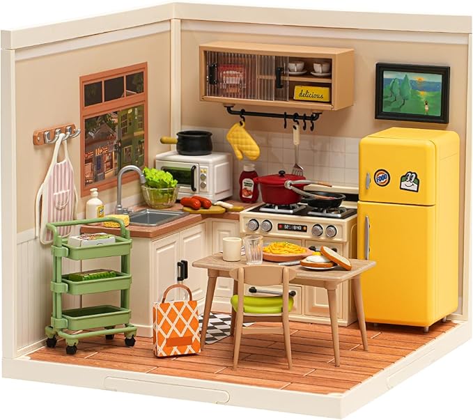 Rowood Miniature Kitchen Building House Kit Set with LED, DIY Plastic Mini Accessories Kit to Build Playset for Kids Adults, Easy and Lovely Craft Kits Gifts on Birthday Christmas-Happy Meals Kitchen