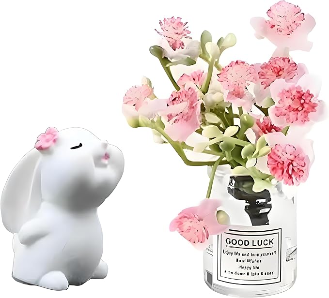 2PCS Mini Smell The Fragrant Rabbit & Pink Peach Blossom Flower Vase Ornaments – Handmade Resin Miniature Vases for Dollhouse, Fairy Garden, Micro Landscape Decor, DIY Craft & Table Centerpiece