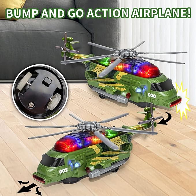 Helicopter Toy for Kids 3-5 6 7, Army Military Toy Helicopters with Lights and Music for Toddlers Birthday Easter Gifts, Bump and Go Airplane Toys for Boys Girls 3 4 5 6 7 Years Olds